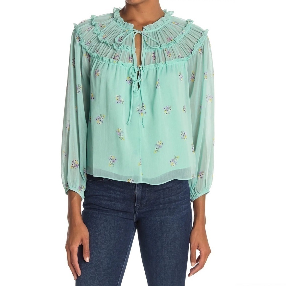 New Socialite Floral Tie Neck Blouse in Mint Lavender